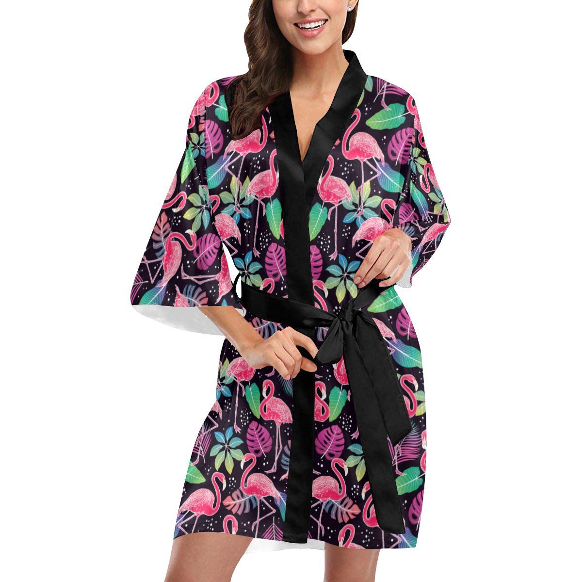 Flamingo Tropical leaves Neon Print Women Short Kimono Robe