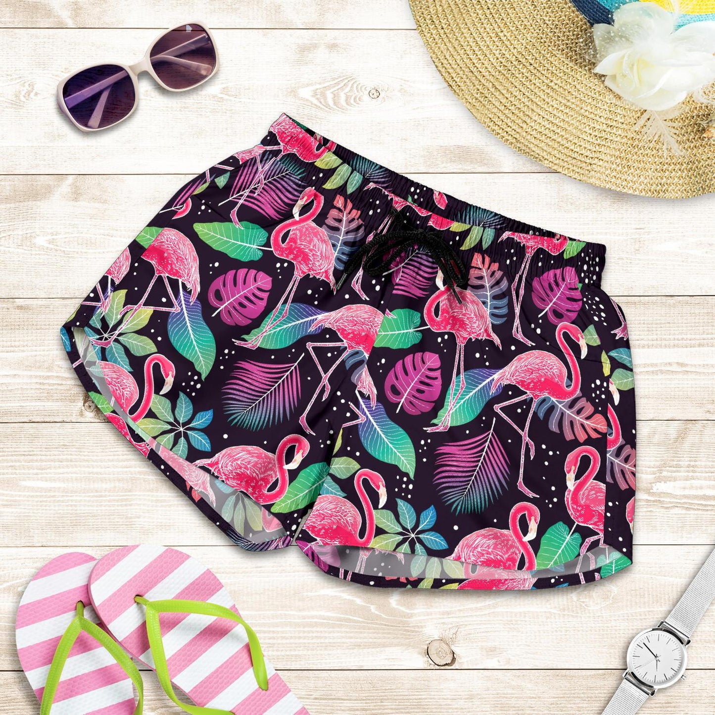 Flamingo Tropical leaves Neon Print Women Shorts-JTAMIGO.COM