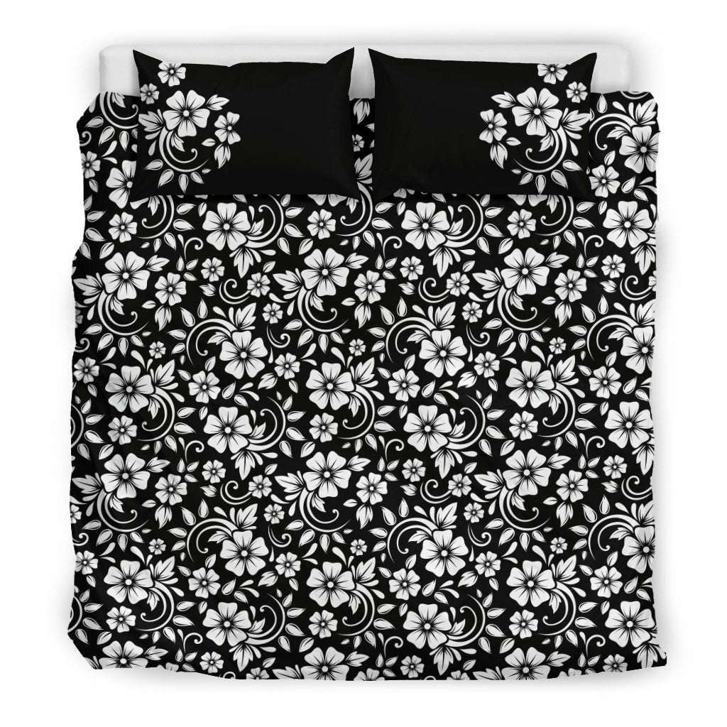 Floral Black White Themed Print Duvet Cover Bedding Set