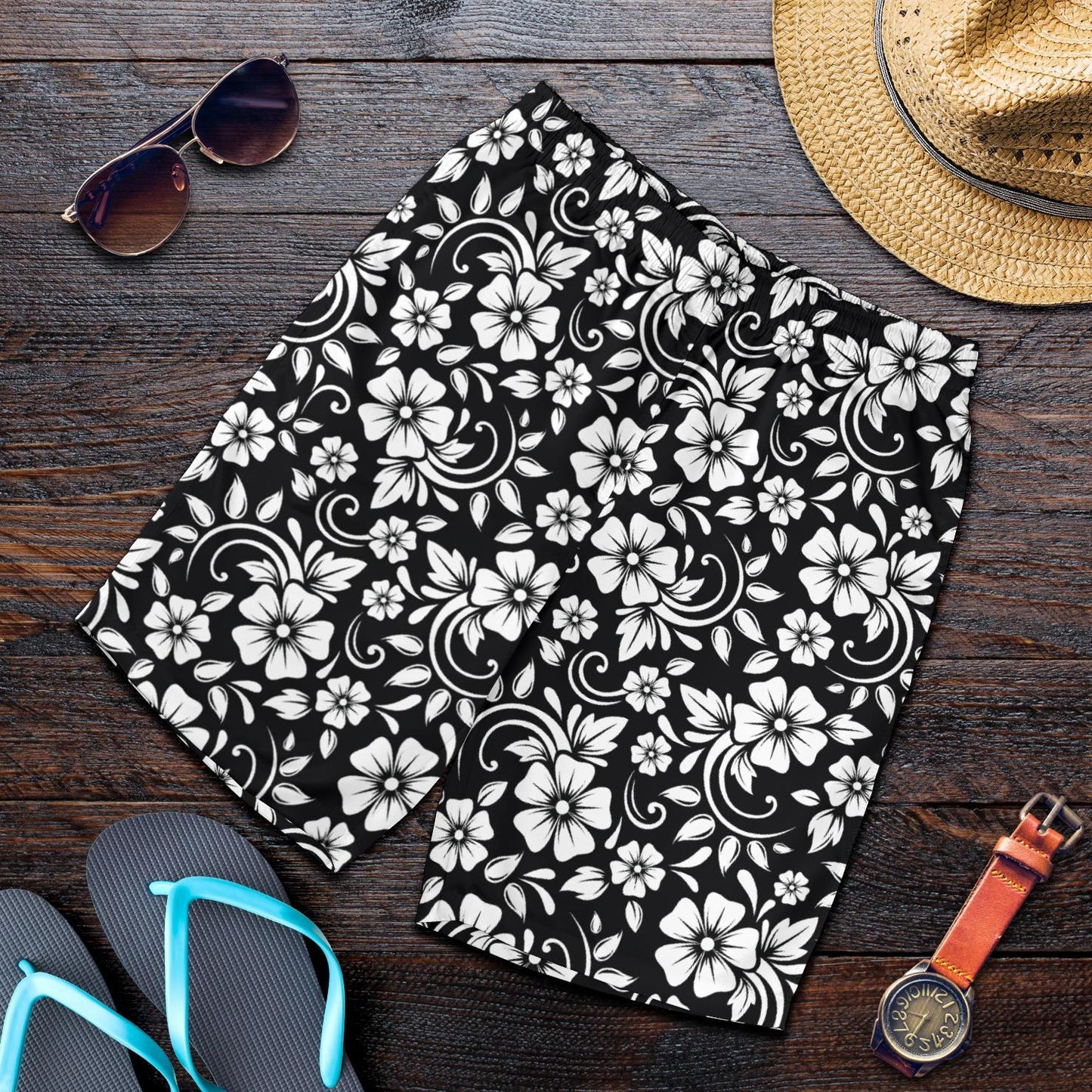 Floral Black White Themed Print Mens Shorts-JTAMIGO.COM