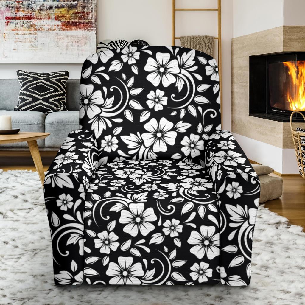 Floral Black White Themed Print Single Sofa Slipcover -JTAMIGO.COM
