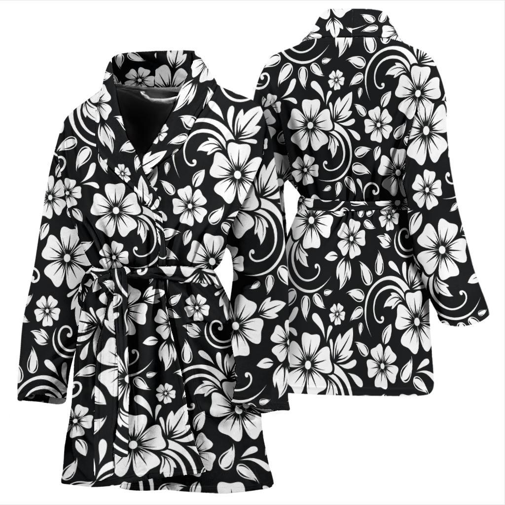 Floral Black White Themed Print Women Bath Robe-JTAMIGO.COM