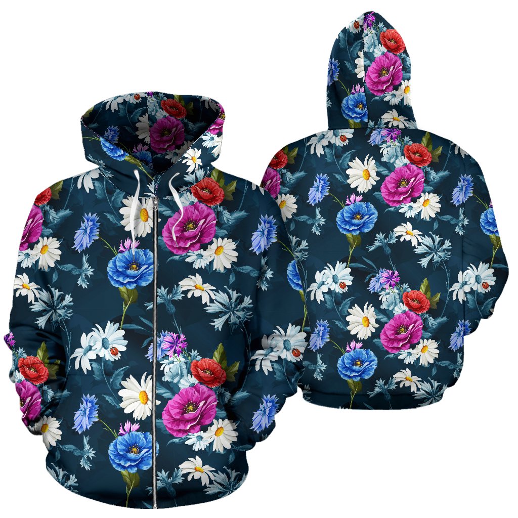 Floral Blue Themed Print Zip Up Hoodie