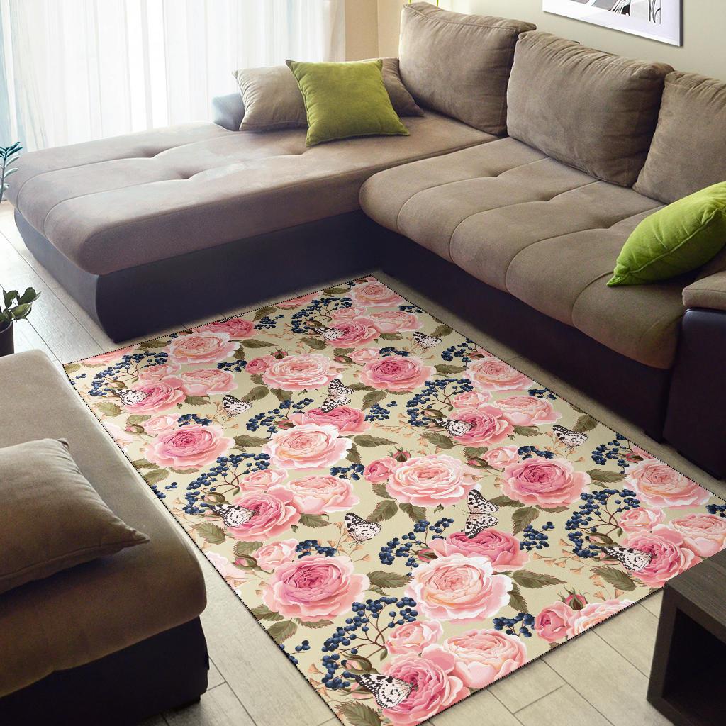Floral Pink Butterfly Print Area Rugs-JTAMIGO.COM