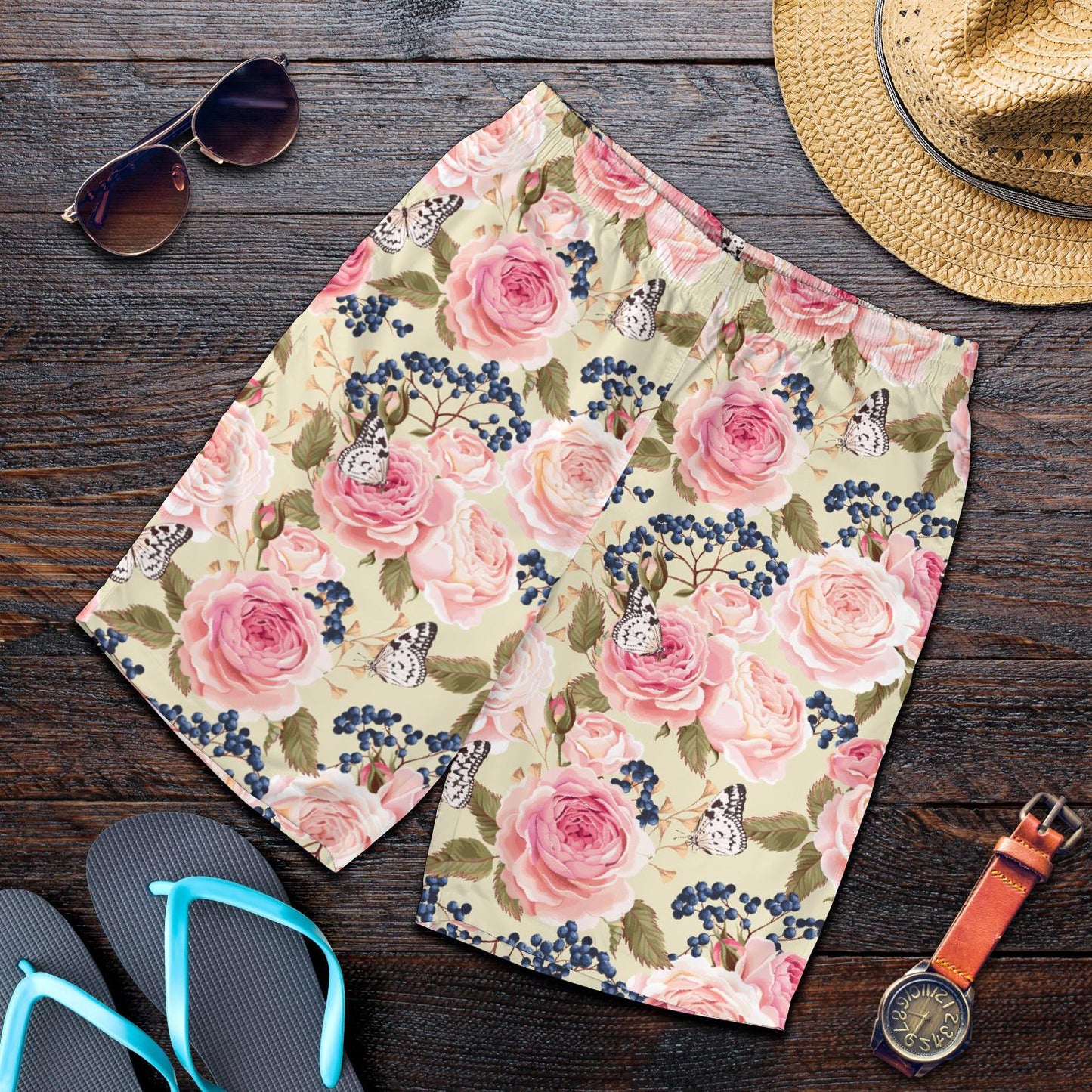 Floral Pink Butterfly Print Mens Shorts-JTAMIGO.COM
