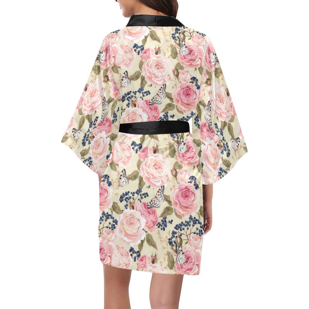 Floral Pink Butterfly Print Women Short Kimono Robe