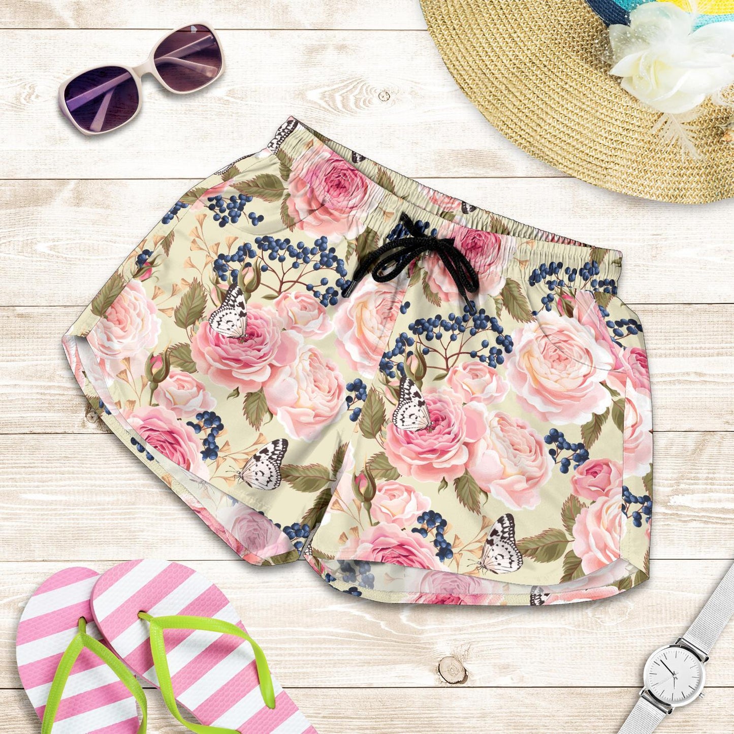 Floral Pink Butterfly Print Women Shorts-JTAMIGO.COM