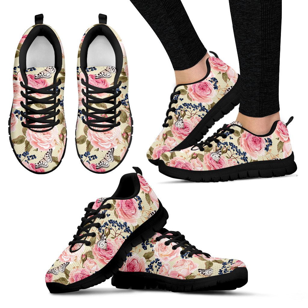 Floral Pink Butterfly Print Women Sneakers Shoes