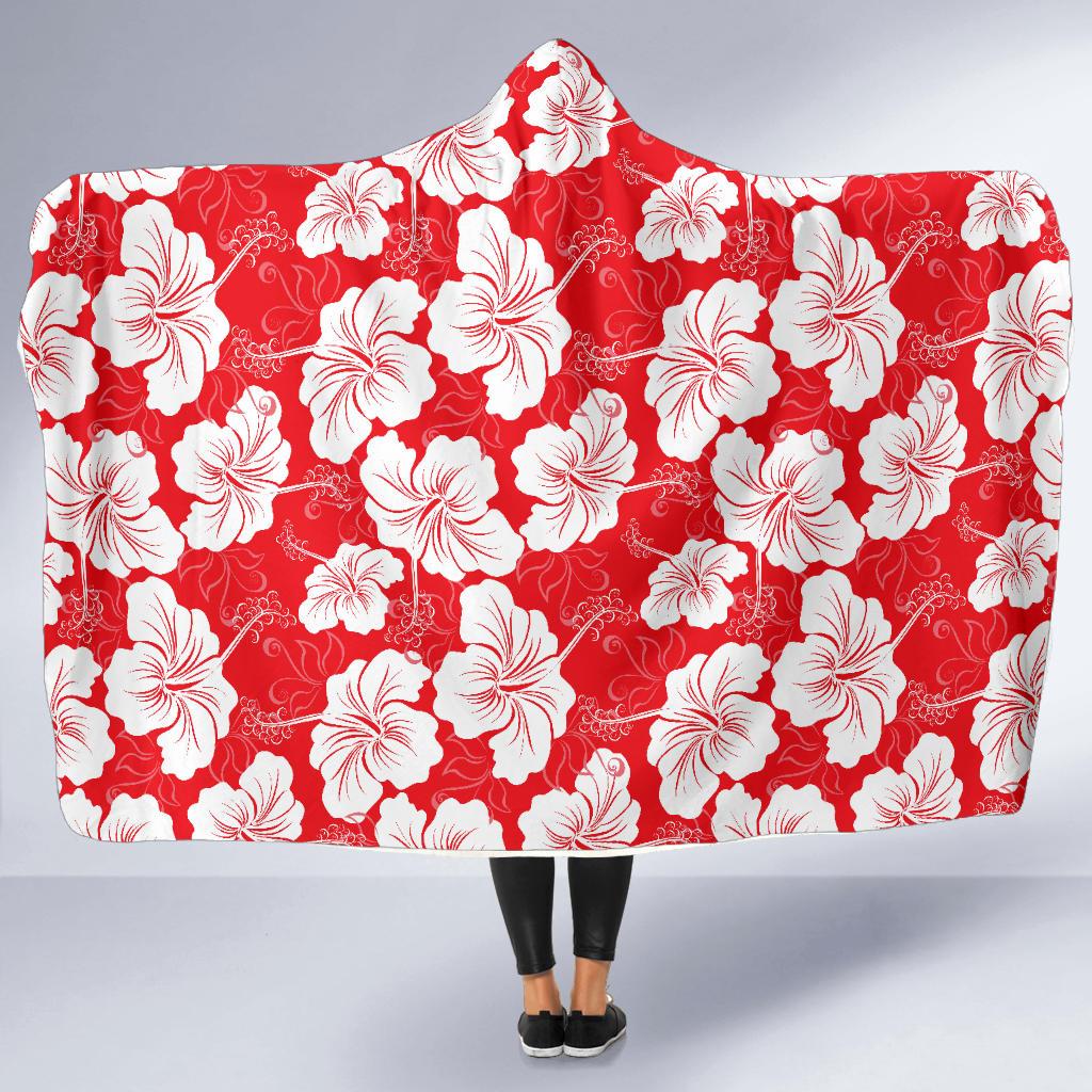 Flower Hawaiian Hibiscus Red Background Print Hooded Blanket-JTAMIGO.COM