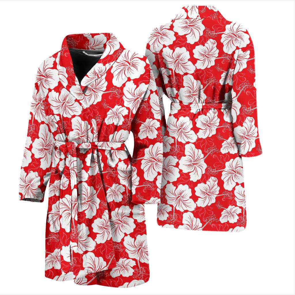 Flower Hawaiian Hibiscus Red Background Print Men Bath Robe-JTAMIGO.COM