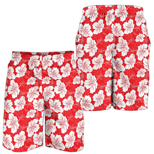Flower Hawaiian Hibiscus Red Background Print Mens Shorts-JTAMIGO.COM
