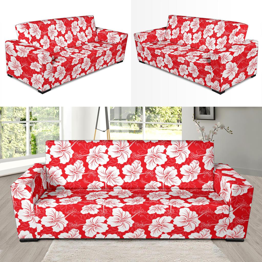 Flower Hawaiian Hibiscus Red Background Print Sofa Slipcover-JTAMIGO.COM
