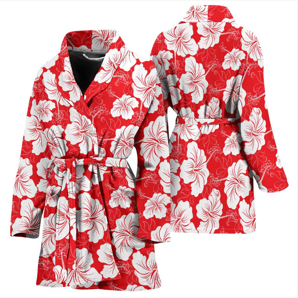 Flower Hawaiian Hibiscus Red Background Print Women Bath Robe-JTAMIGO.COM