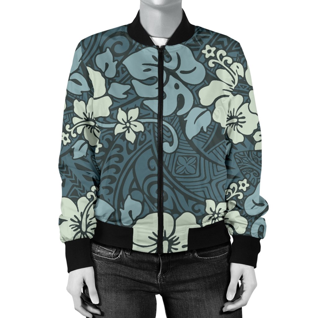 Flower Hawaiian Hibiscus Style Print Pattern Women Casual Bomber Jacket