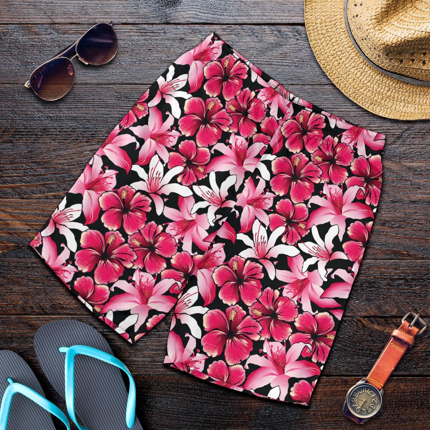 Flower Hawaiian Pink Red Hibiscus Print Mens Shorts-JTAMIGO.COM