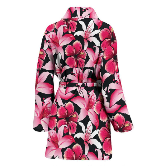 Flower Hawaiian Pink Red Hibiscus Print Women Bath Robe-JTAMIGO.COM