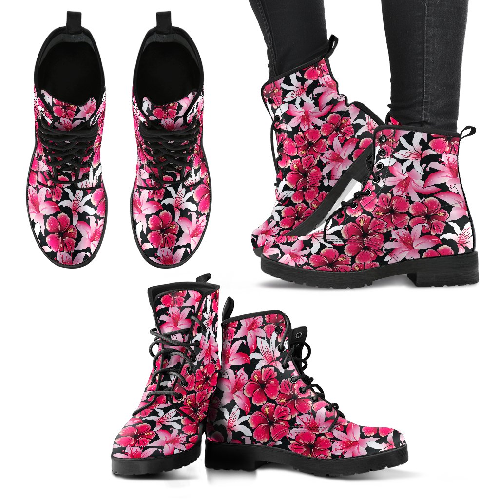 Flower Hawaiian Pink Red Hibiscus Print Women Leather Boots-JTAMIGO.COM