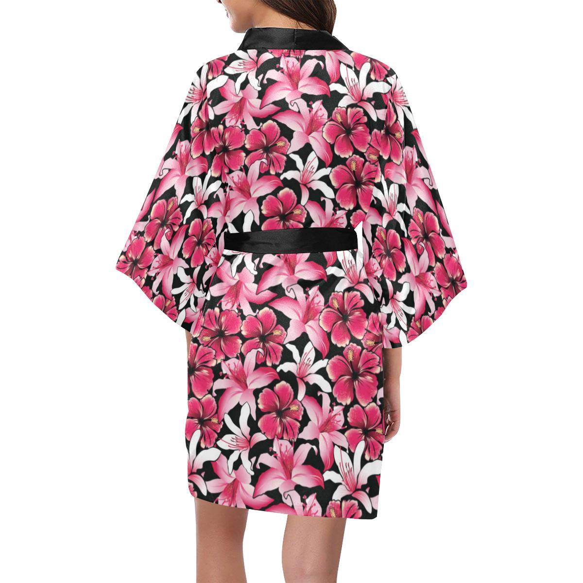 Flower Hawaiian Pink Red Hibiscus Print Women Short Kimono Robe