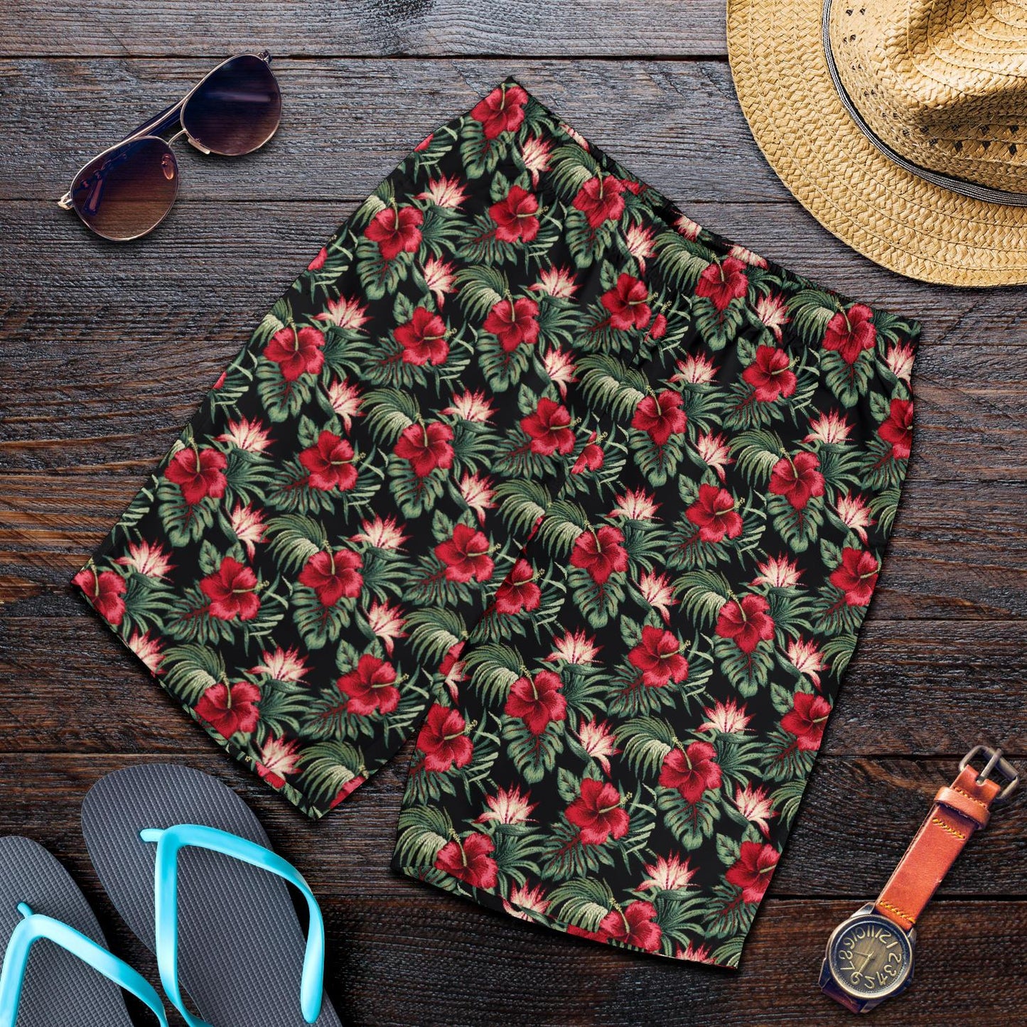 Flower Hawaiian Red Hibiscus Design Print Mens Shorts-JTAMIGO.COM