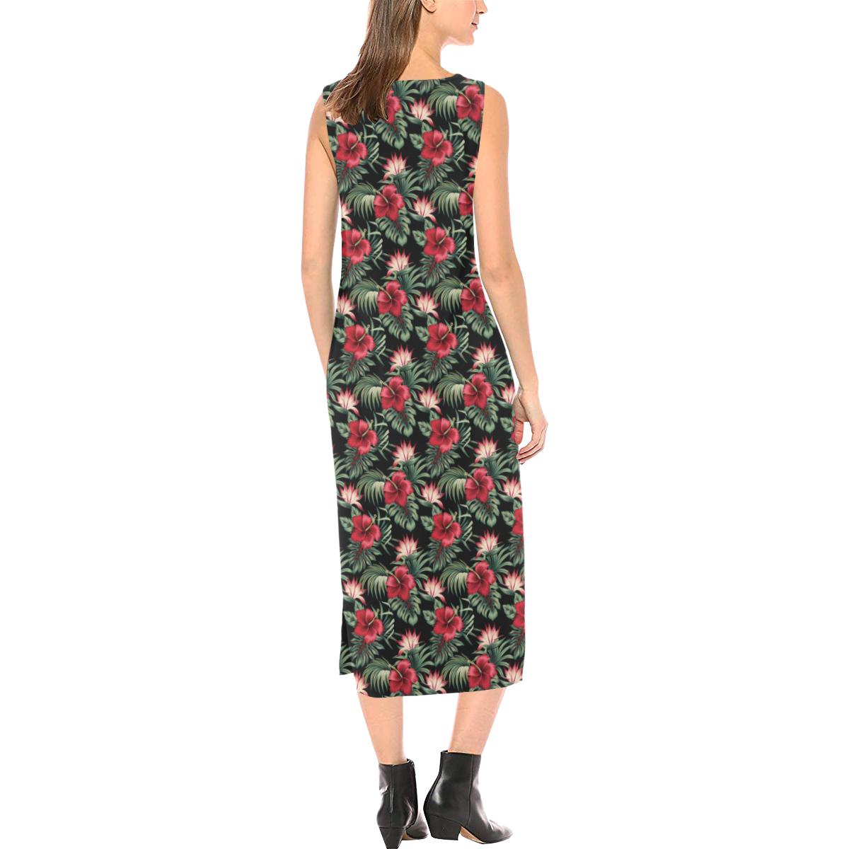 Flower Hawaiian Red Hibiscus Design Print Sleeveless Open Fork Long Dress (Model D08)-JTAMIGO.COM