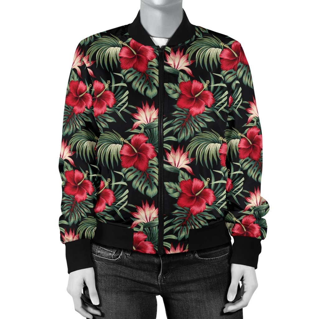 Flower Hawaiian Red Hibiscus Design Print Women Casual Bomber Jacket