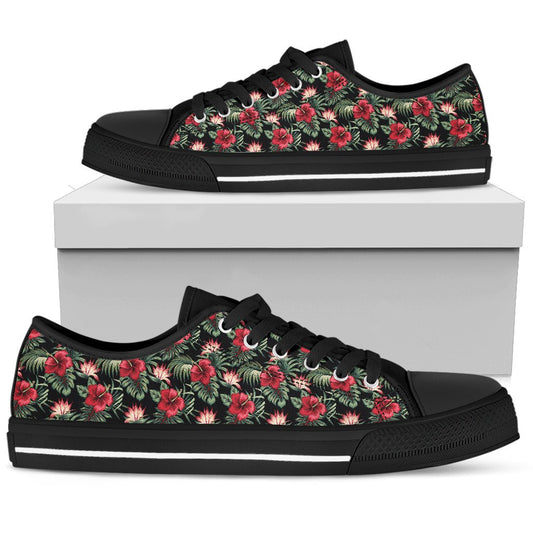 Flower Hawaiian Red Hibiscus Design Print Women Low Top Shoes
