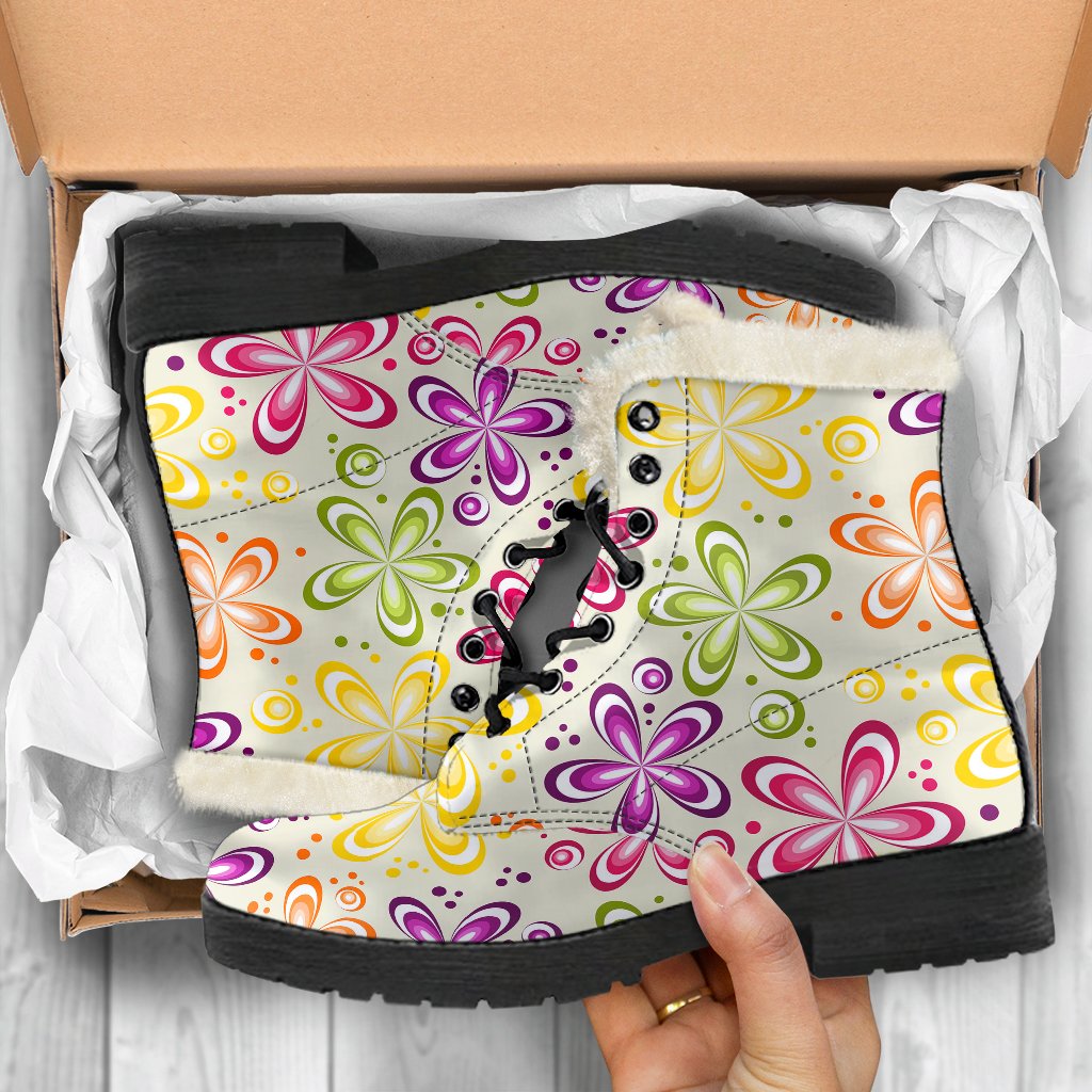 Flower Power Colorful Design Print Faux Fur Leather Boots-JTAMIGO.COM