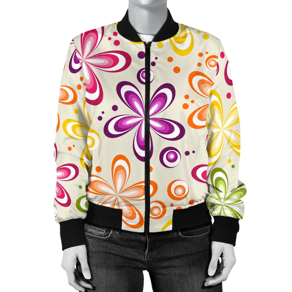 Flower Power Colorful Design Print Women Casual Bomber Jacket