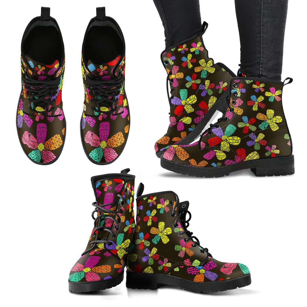 Flower Power Colorful Print Pattern Women Leather Boots-JTAMIGO.COM
