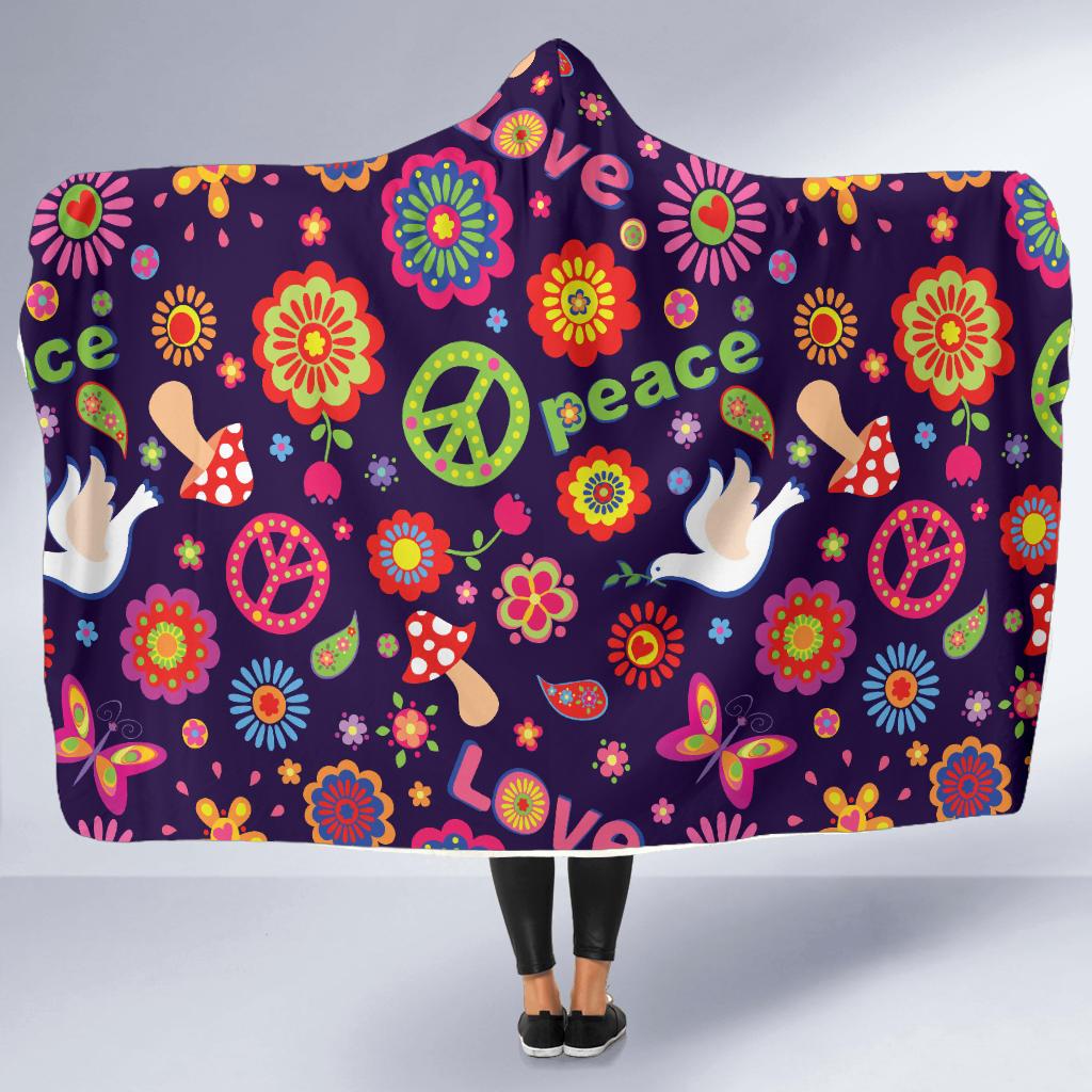 Flower Power Peace Design Print Hooded Blanket-JTAMIGO.COM