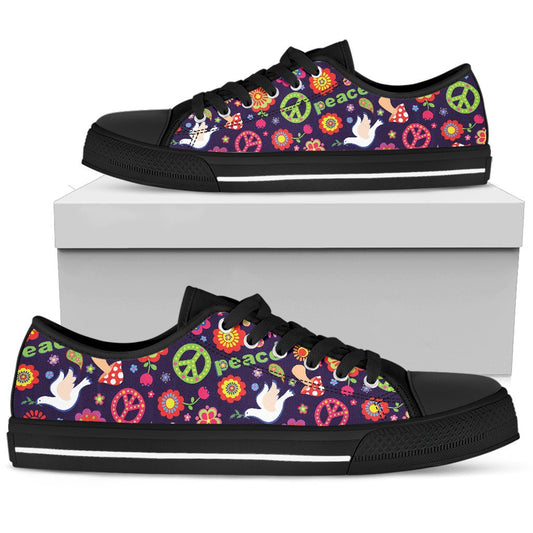 Flower Power Peace Design Print Women Low Top Shoes