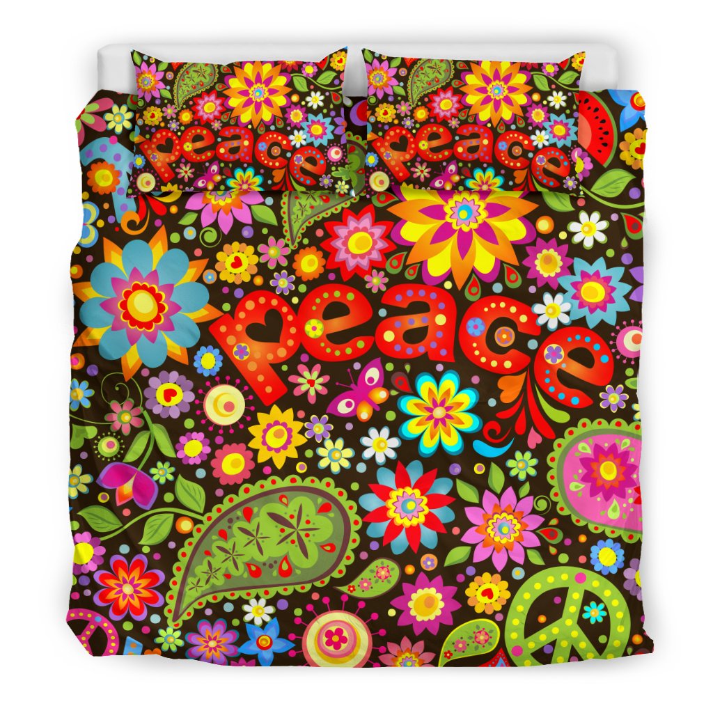 Flower Power Peace Paisley Themed Print Duvet Cover Bedding Set