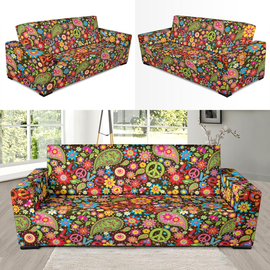 Flower Power Peace Paisley Themed Print Sofa Slipcover-JTAMIGO.COM