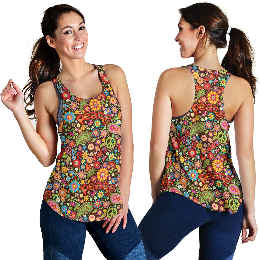 Flower Power Peace Paisley Themed Print Women Racerback Tank Top