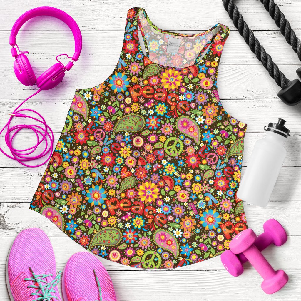 Flower Power Peace Paisley Themed Print Women Racerback Tank Top
