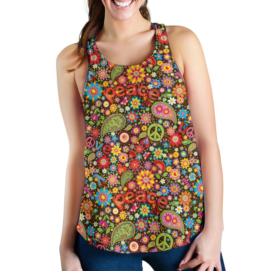 Flower Power Peace Paisley Themed Print Women Racerback Tank Top