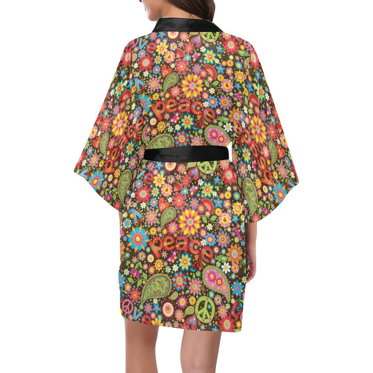Flower Power Peace Paisley Themed Print Women Short Kimono Robe