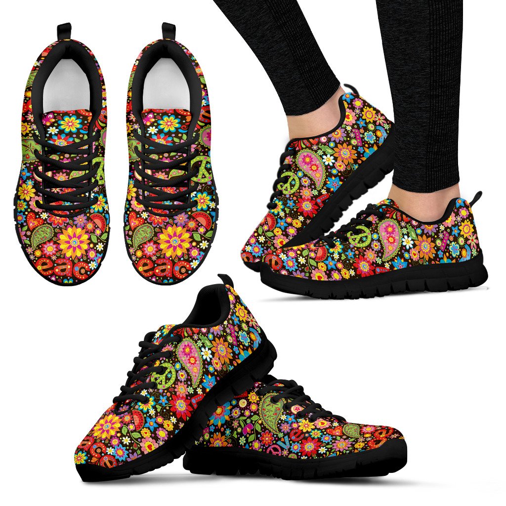 Flower Power Peace Paisley Themed Print Women Sneakers Shoes