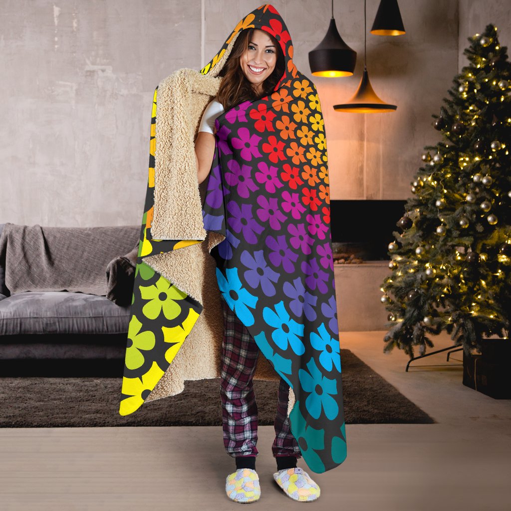 Flower Power Rainbow Spiral Print Hooded Blanket-JTAMIGO.COM