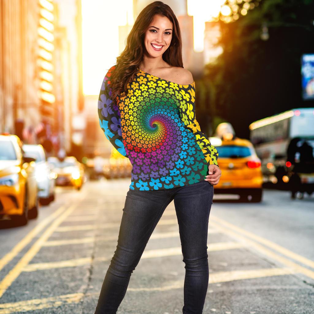 Flower Power Rainbow Spiral Print Off Shoulder Sweatshirt
