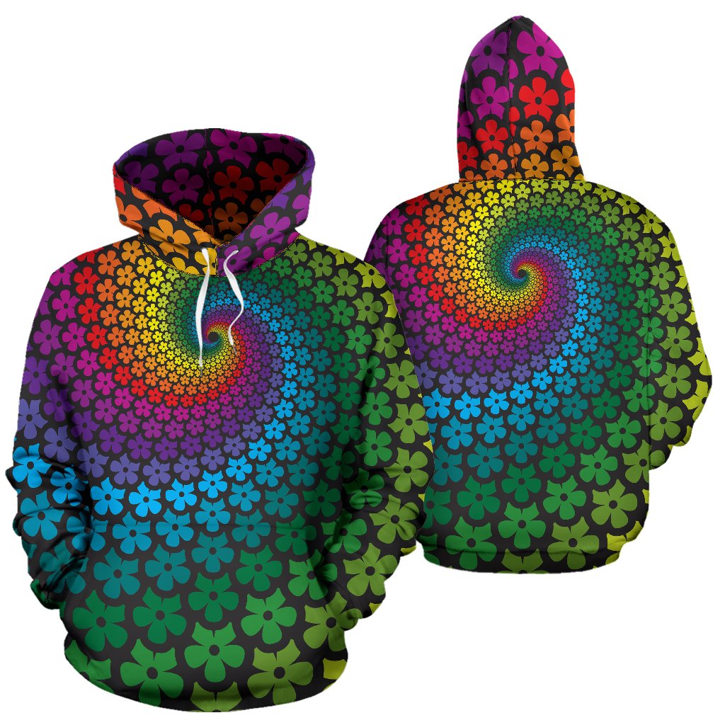 Flower Power Rainbow Spiral Print Pullover Hoodie