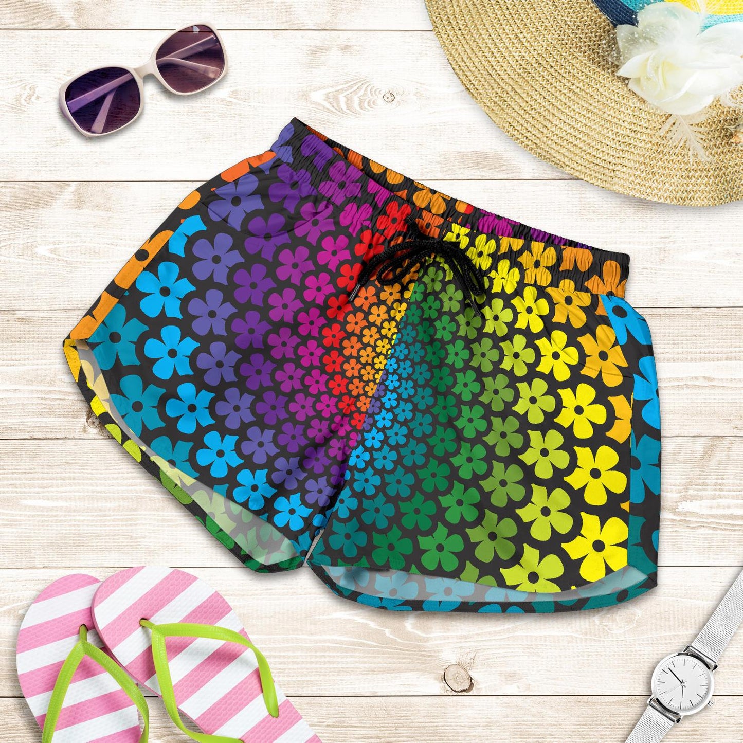 Flower Power Rainbow Spiral Print Women Shorts-JTAMIGO.COM