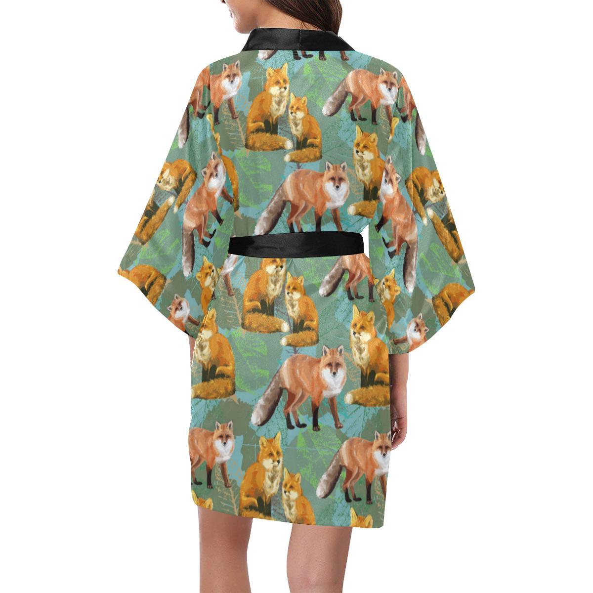 Fox Autumn leaves Themed Women Short Kimono Robe