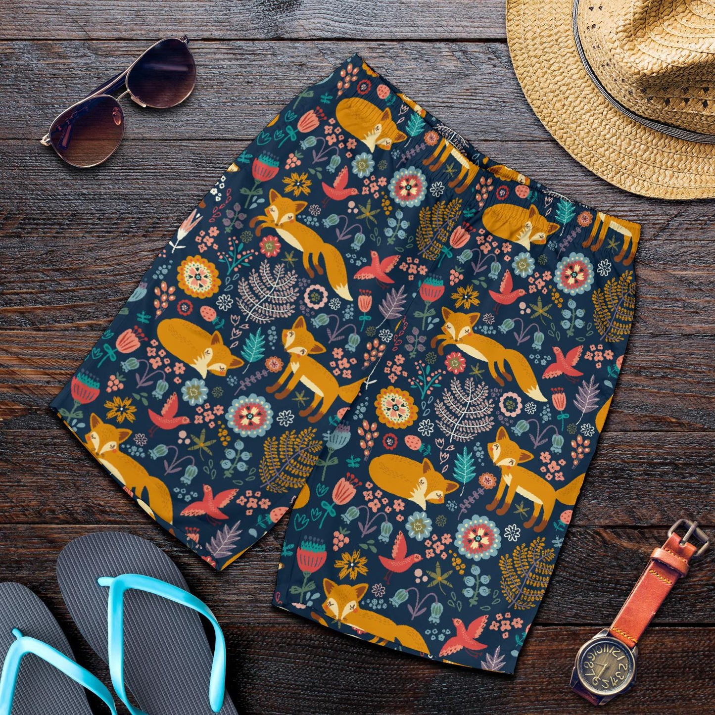 Fox Cute Jungle Print Pattern Mens Shorts-JTAMIGO.COM