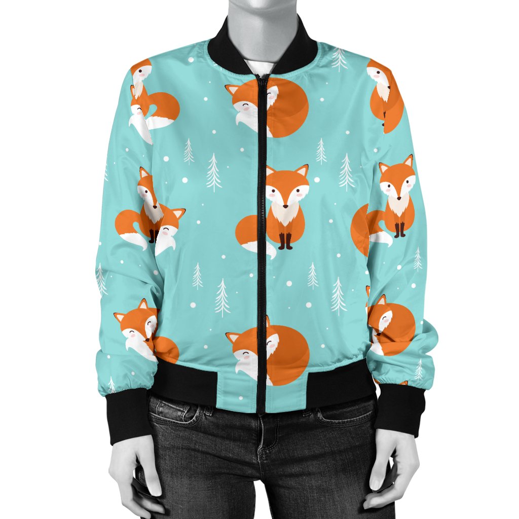 Fox Design Snow Print Pattern Women Casual Bomber Jacket