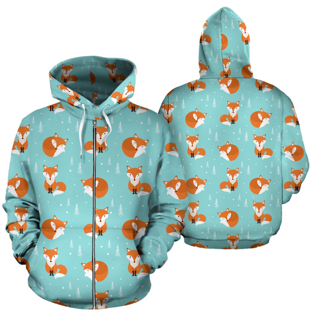 Fox Design Snow Print Pattern Zip Up Hoodie