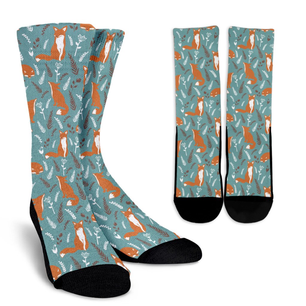 Fox Forest Print Pattern Crew Socks