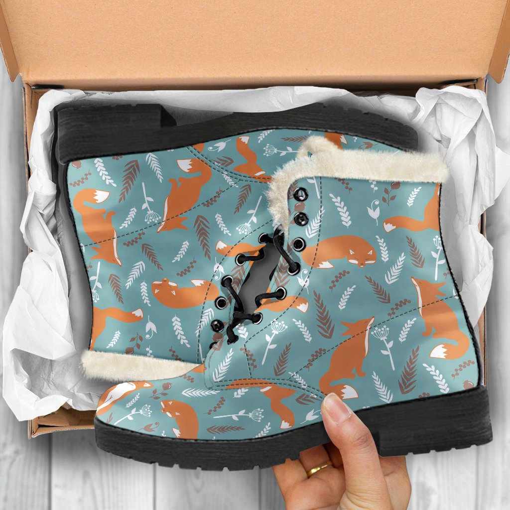 Fox Forest Print Pattern Faux Fur Leather Boots-JTAMIGO.COM