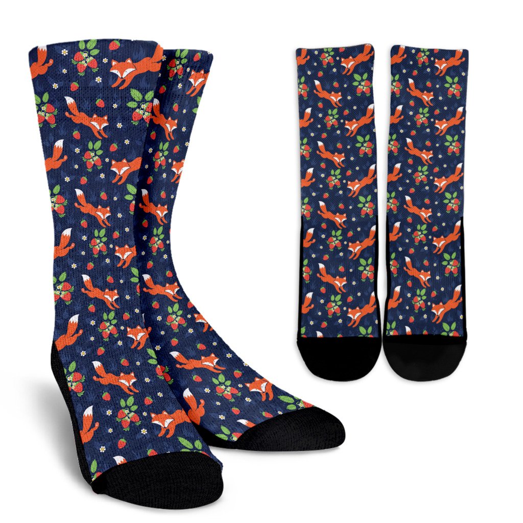 Fox Strawberry Print Pattern Crew Socks