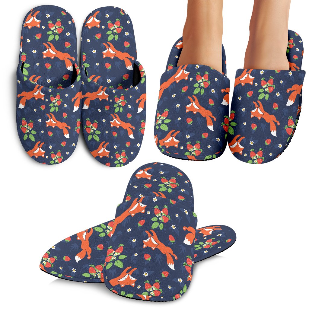 Fox Strawberry Print Pattern House Slippers